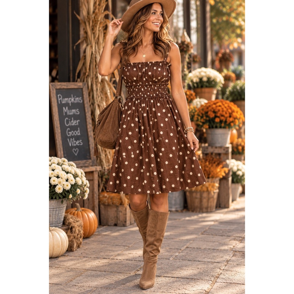 NWT Abercrombie Boho Fall Chic Brown Polka Dot Smocked Cottagecore Dress Sz XLT